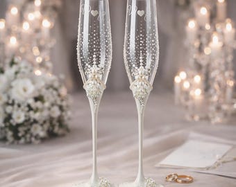 Wedding Champagne Glasses with Crystals, Cake Knife and Ceremony Candles