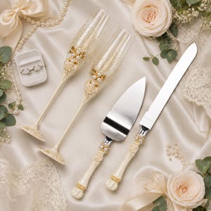 Wedding Flutes and Cake Server Set, Personalized Champagne Glasses, Ivory Bridal Accessories, Wedding Gift
