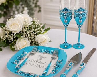 Blue Champagne Flutes with Cake Knife Set, Engraved Bridal Toast Glasses, Coastal Glam Wedding