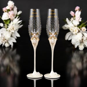 Wedding Toasting Flutes and Cake Cutting Set with Plate and Candle, Gold Ivory Elegant Wedding Reception Set Personalized Bridal Table Decor