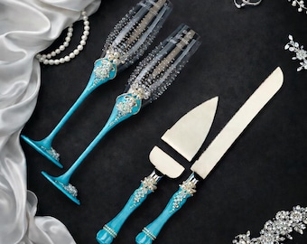 Blue Bridal Toasting Set with Champagne Glasses and Cake Server Set, Bride and Groom Toast Set