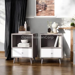 Set of 2 Rustic Wooden Nightstands: Bedside Tables with Drawer & Shelf