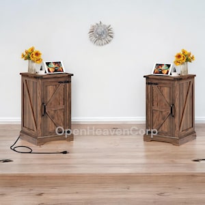 Farmhouse Nightstand with Charging Station: Rustic Walnut Bedside Table