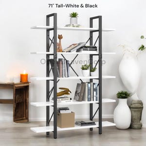 5-Shelf Industrial Bookshelf – Rustic Vintage Bookcase with Open Storage, Metal & Wood Shelving Unit for Home or Office