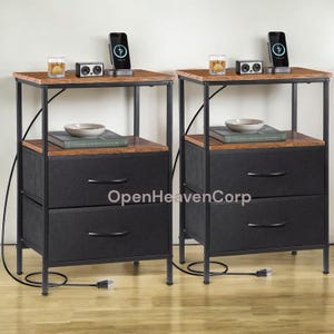 Set of 2 Nightstands – End Bedside Tables with Charging Station & 2 Fabric Drawers, Modern Bedroom Side Tables