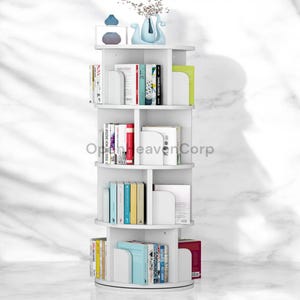 4-Tier Rotating Corner Bookshelf – White Wood Open Display Shelf, Space-Saving Bookcase for Home or Office Storage