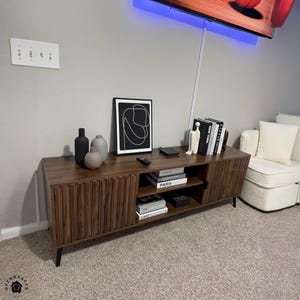 Wood Tv Stand | Fluted TV Stand Walnut Media Console with Storage Adjustable Shelves | Farmhouse Entertainment Center
