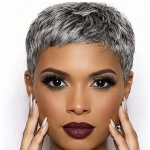 Könnte beinhalten: Eine Person mit kurzen, grauen Haaren und dunklem Augen-Make-up. Ihre Lippen sind tief burgunderfarben und sie hat lange, weiße Fingernägel. Sie berührt ihr Gesicht mit beiden Händen.