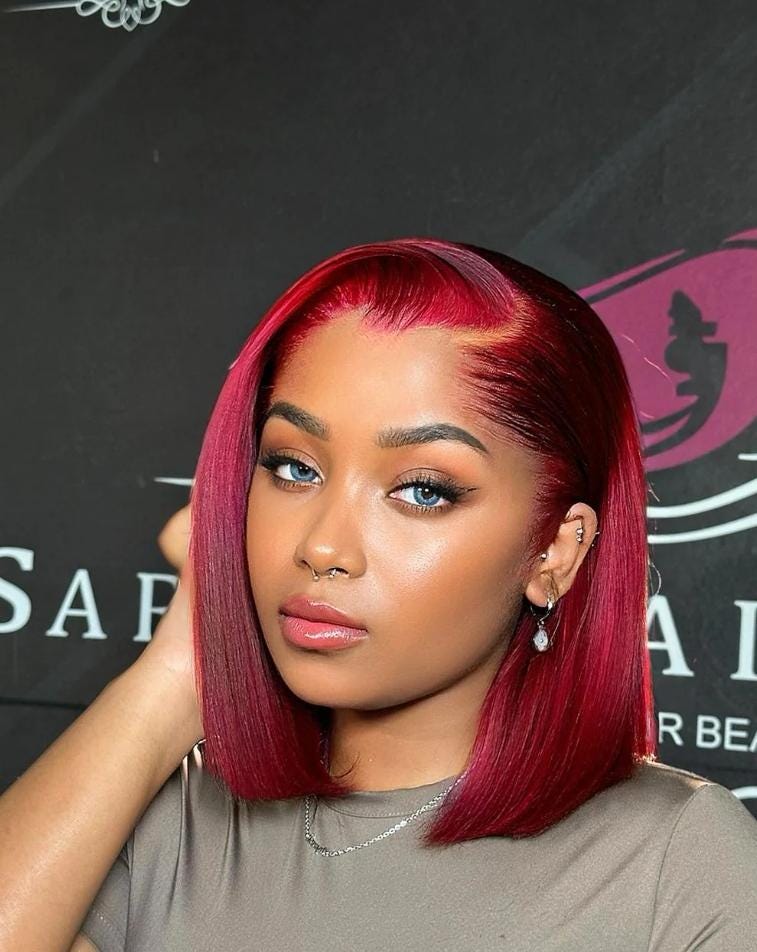 Burgundy Virgin Hair Bob Wig. Human Hair Prebleached and Preplucked closure.