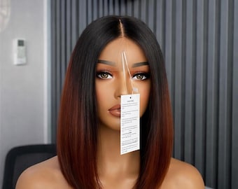 Peluca bob ombré castaño rojizo de 12 pulgadas: cabello humano, cierre HD pre-depilado, densidad 300.