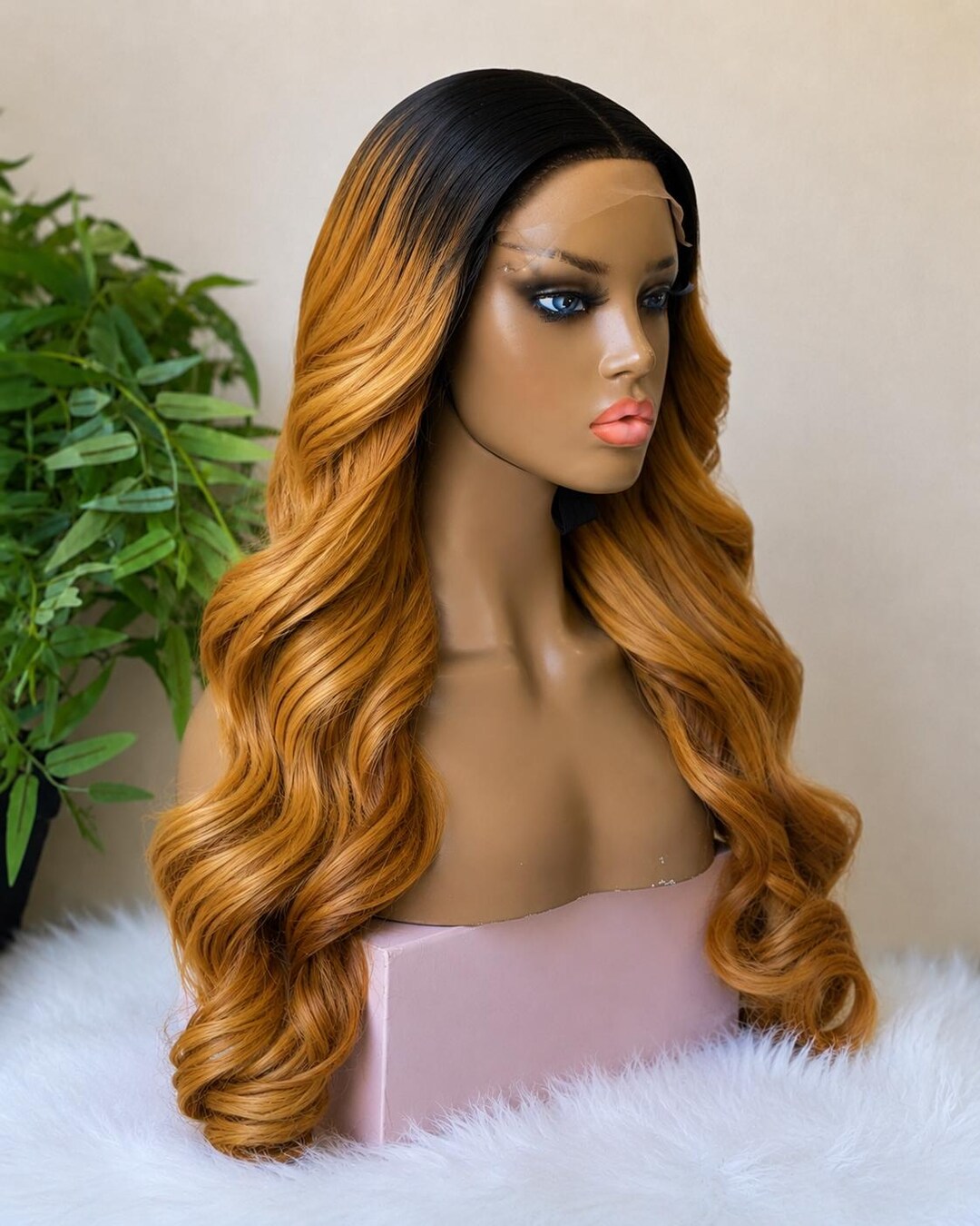 20inch Bouncy Wave Human Hair Wig: Ombre Honey Brown Balayage 5x5 ...