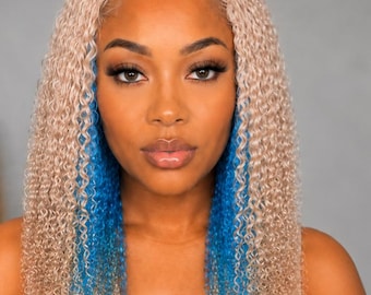 Peruca de corte bob diagonal de 16 polegadas, cacheada/ondulada/lisa, com fecho 5x5 e mechas neon.