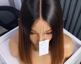 12inch Brown Ombre Bob Wig: Human Hair, Pre-plucked HD Closure, 300 Density