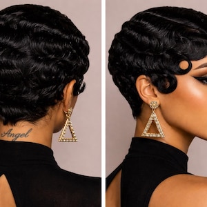 May include: Two images of a person with a short, black, finger wave hairstyle. The hair is styled in deep waves. The person is wearing gold triangle earrings. A tattoo that says "Angel" is visible on the neck.