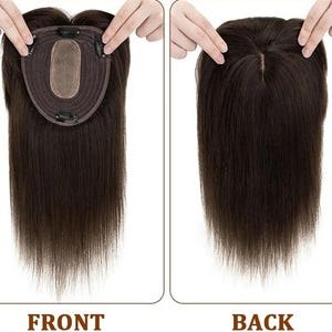 May include: A dark brown hair topper with a clip-in base, shown from the front and back. The front view displays the base with clips and hair strands. The back view shows the hair's natural part. The word "FRONT" and "BACK" are printed below the images.