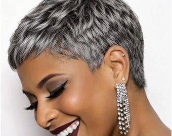 Peluca de cabello humano de 2 pulgadas, sin pegamento, color sal y pimienta: corte pixie/kiki