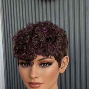 Pixie Cut Human Hair Wig: Black with Purple Highlights.