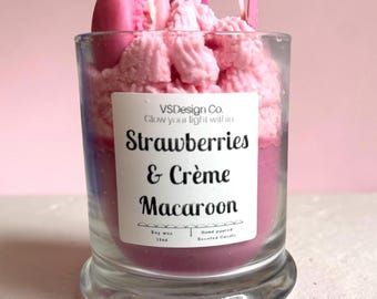 Strawberries & Crème Macaroon Candle – 11oz Soy Wax, Double Wicker