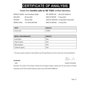 May include: Certificate of Analysis for Pure Himalayan Shilajit, tested by Eurofins Labs, an ISO 17025 certified laboratory. The report shows results for Fulvic Acid and metal contaminants, including lead, arsenic, mercury, and cadmium. The sample complies with API specifications for heavy metals and fulvic acid.