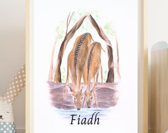 Deer print, woodland nursery print, Giclée nursery print, personalized baby gift, decorative painting, woodland animals, personalized gifts