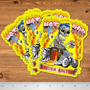 Hot Rod Skeleton Aufkleber 14 cm, 3er Pack - Rat Fink Style Skull Aufkleber, Kustom Kulture Lowbrow Hot Rod Art Vinyl Sticker