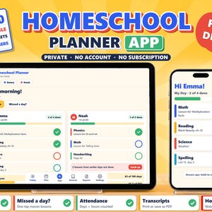 Homeschool Planner App + Printable Assignment Sheets, Homeschooler Printables, Attendance Tracker, Lesson Planner, Calendar, Transcript