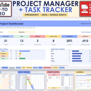 Può includere: Un foglio di calcolo digitale per la gestione di progetti e il monitoraggio delle attività per Excel e Google Sheets. La dashboard mostra metriche di progetto, stato delle attività e carico di lavoro, con anteprime di Kanban, Gantt e calendario.