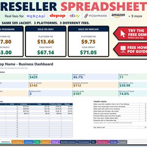 Reseller Spreadsheet Template, Reseller Inventory Tracker, Profit and Loss for eBay Poshmark Mercari Etsy, Excel Google Sheets, Free Demo