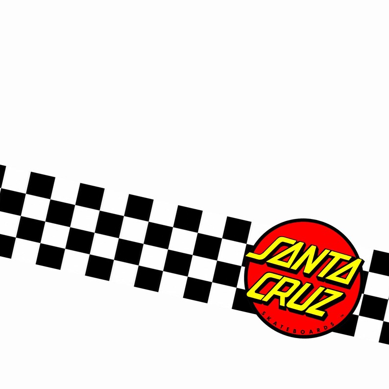 Puede incluir: Un dise&ntilde;o gr&aacute;fico que presenta un patr&oacute;n de cuadros blancos y negros en diagonal. A la derecha, un logotipo circular rojo contiene el texto amarillo Santa Cruz con la palabra Skateboards escrita en letras negras m&aacute;s peque&ntilde;as debajo.