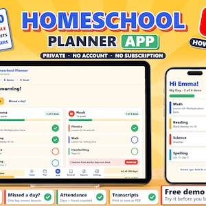 Homeschool Planner App + Printable Assignment Sheets, Homeschooler Printables, Attendance Tracker, Lesson Planner, Calendar, Transcript