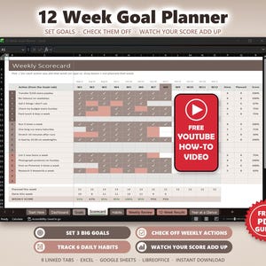 Goal Tracker Spreadsheet, 12 Week Planner, Habit and Accountability Tracker, Quarterly Planner, Excel Google Sheets, Free Quick Start Guide