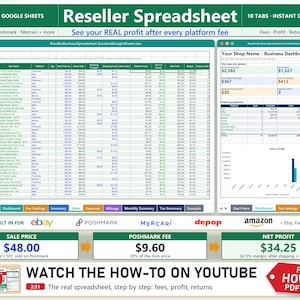 Reseller Spreadsheet, Sale Tracker and Profit Calculator with Real eBay Poshmark Mercari Etsy Fees, Inventory Tracker, Excel Google Sheets