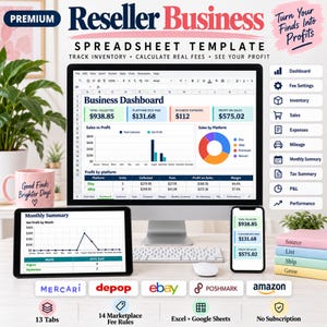 May include: A digital reseller business spreadsheet template displayed on a computer monitor, tablet, and smartphone. The screen shows a business dashboard with charts, profit data, and platform fees. Includes icons for dashboard, inventory, and sales.