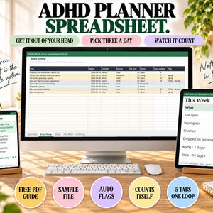 ADHD Planner Spreadsheet, ADHD Work Planner for Adults, Task Tracker and Brain Dump To Do List, Google Sheets Excel, Undated ADHD Planner