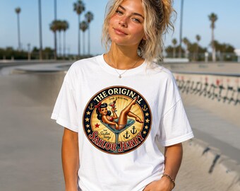 Camiseta vintage con estampado de tatuaje marinero, estilo retro rockabilly náutico americano, camiseta con diseño de tatuaje tradicional, camiseta de tinta de la vieja escuela, unisex.