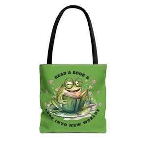 Bolsa de tela con diseño de rana, ideal para libros, biblioteca o como regalo para amantes de los libros. Bolsa de lona para clubes de lectura.