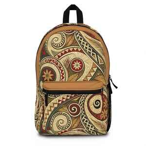 May include: A tan backpack with a black handle and zipper. The backpack features a detailed pattern of swirls, leaves, and geometric shapes in shades of tan, red, and green. A small front pocket and side mesh pocket are visible.