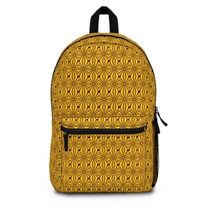 May include: Yellow backpack with a repeating geometric pattern in black and orange. The backpack has a black top handle, a front zippered pocket, and a side mesh pocket. The pattern is a repeating floral design.