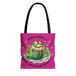 Bolso de tela con forma de rana, ideal para amantes de los libros, clubes de lectura o bibliotecarios.