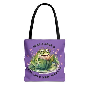 Bolsa de tela con diseño de rana, ideal para libros, libros o como regalo para amantes de los libros. Bolsa de lona para el club de lectura.