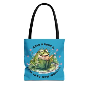 Bolsa de tela con diseño de rana, ideal para libros, libros o como regalo para amantes de los libros y las ranas. Bolsa de lona para clubes de lectura.