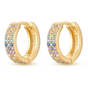 Sparkling colorful hoop earrings made of 925 sterling silver, hypoallergenic jewelry, decorated with zircon, elegant luxury style for women