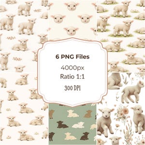 Leuke naadloze patroonset met lam, 6 babyschapen, png-ontwerpen voor kinderkamer, stof en lenteknutsels