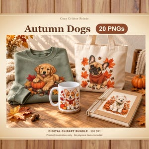 Paquete de imágenes prediseñadas PNG: gráficos para diario, imágenes prediseñadas de perros, diseños de perros otoñales, gráficos de animales acogedores para otoño (20 imágenes PNG).