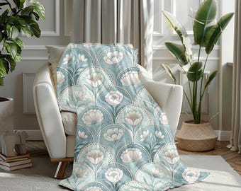 Floral Velveteen Plush Blanket | Cozy Soft Blue Throw Home Decor