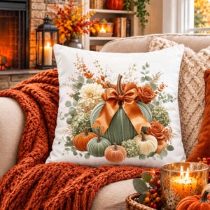 Fall Throw Pillow, Sage Green Pumpkin Pillow Case, Autumn Floral Cushion Cover, Farmhouse Thanksgiving Decor, Cozy Rustic Cottagecore Gift