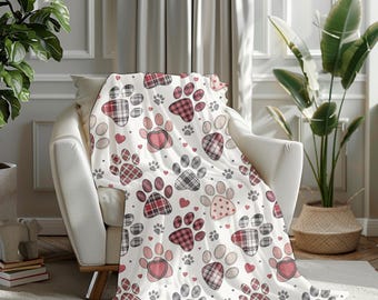 Paw Print Plush Blanket, Hearts Pattern, Animal Lover Throw, Pet Blanket