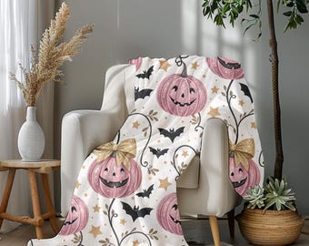 Pink Halloween Plush Velveteen Blanket: Pumpkin and Bat Design, Fall Home Decor