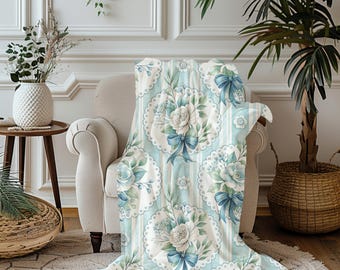 Manta de terciopelo con flores azules, lazo de encaje vintage, decoración shabby chic cottagecore