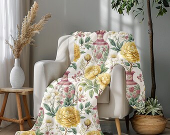 Cozy Floral Velveteen Plush Blanket, Chinoiserie Home Decor